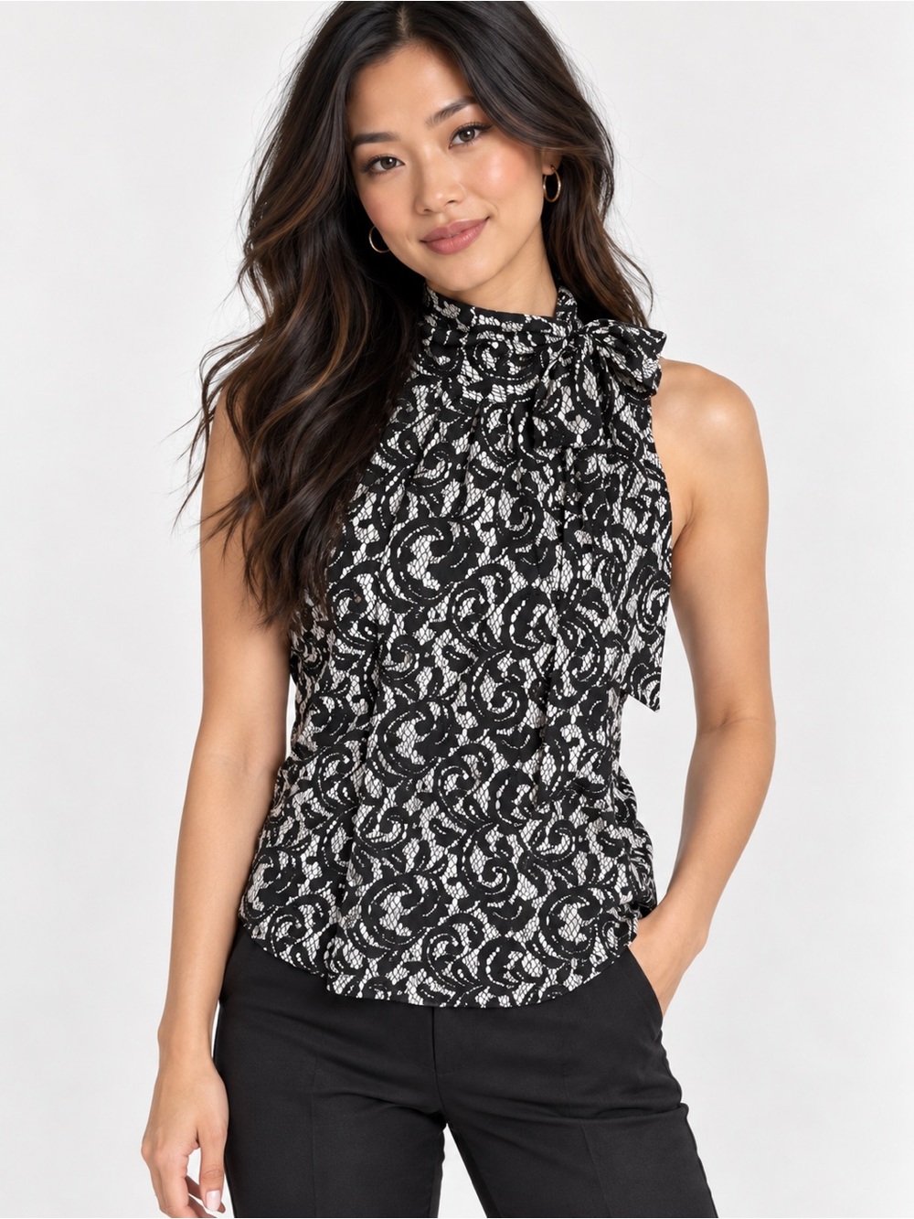 New York & Company black white sleeveless blouse high neck tie lace print XS